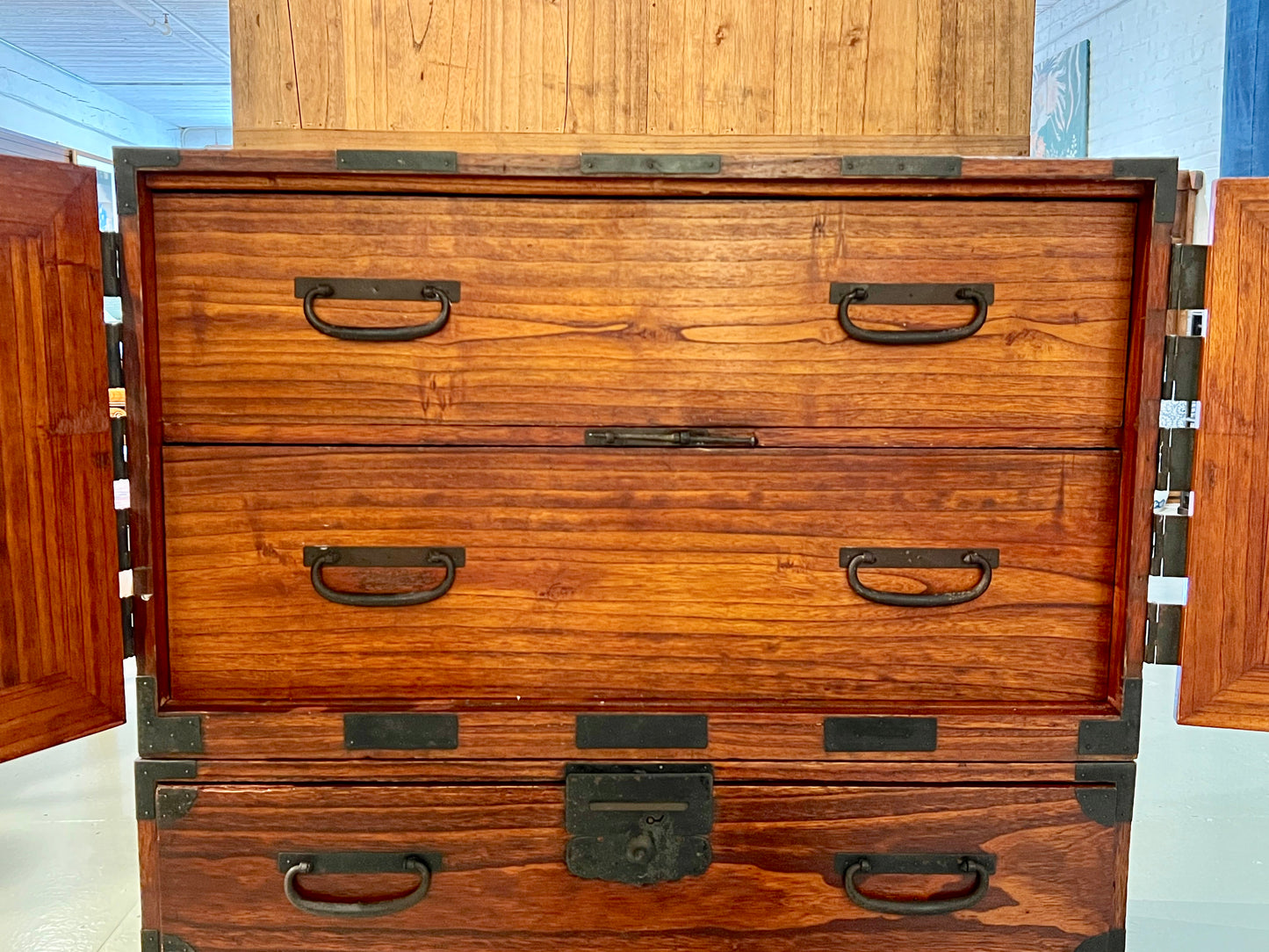 Antique Japanese Meiji Era c1880 Kannon Biraki Clothing Tansu Chest Sugi Wood 36"W