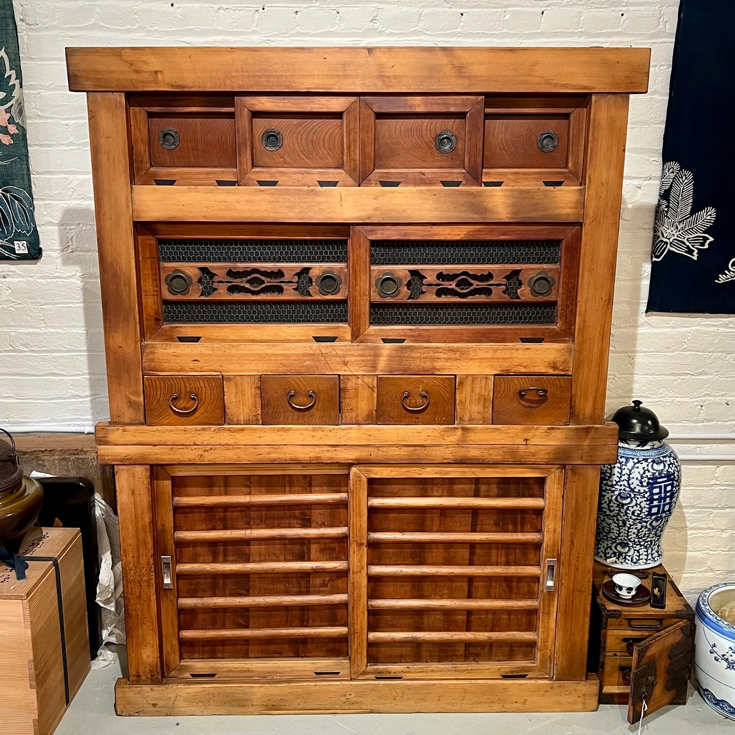 Antique Japanese Kitchen Tansu Meiji Era c1890's Keyaki & Sugi Wood Tansu Chest 48"W