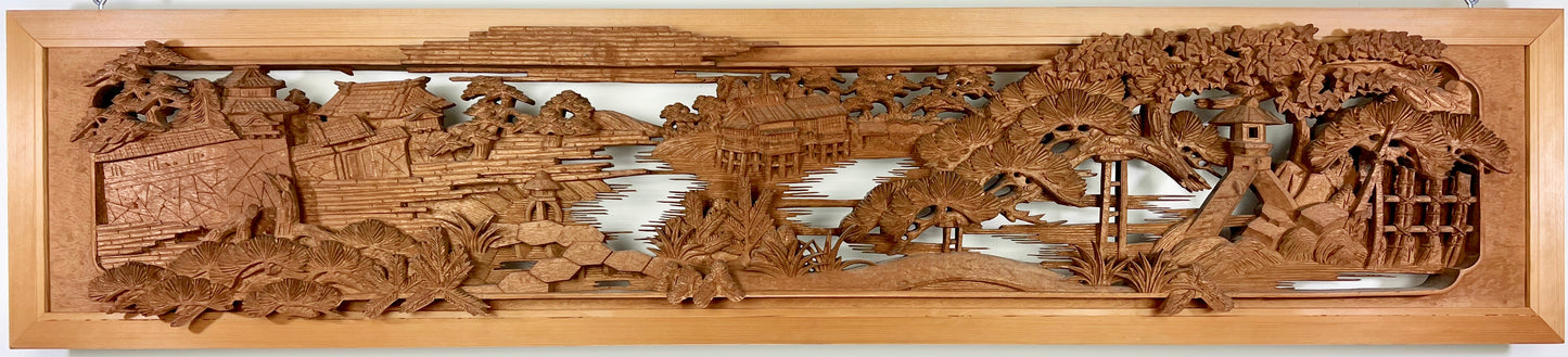 Rare Japanese Ranma Pair Deeply Carved Transom Screen Sugi Wood 68"