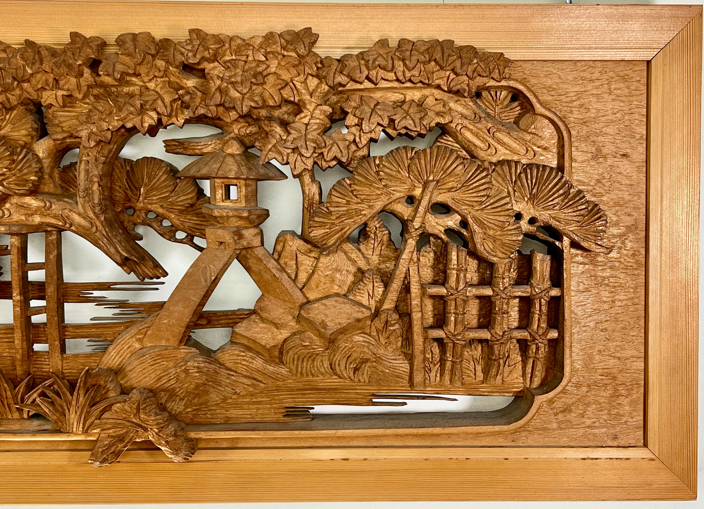 Rare Japanese Ranma Pair Deeply Carved Transom Screen Sugi Wood 68"