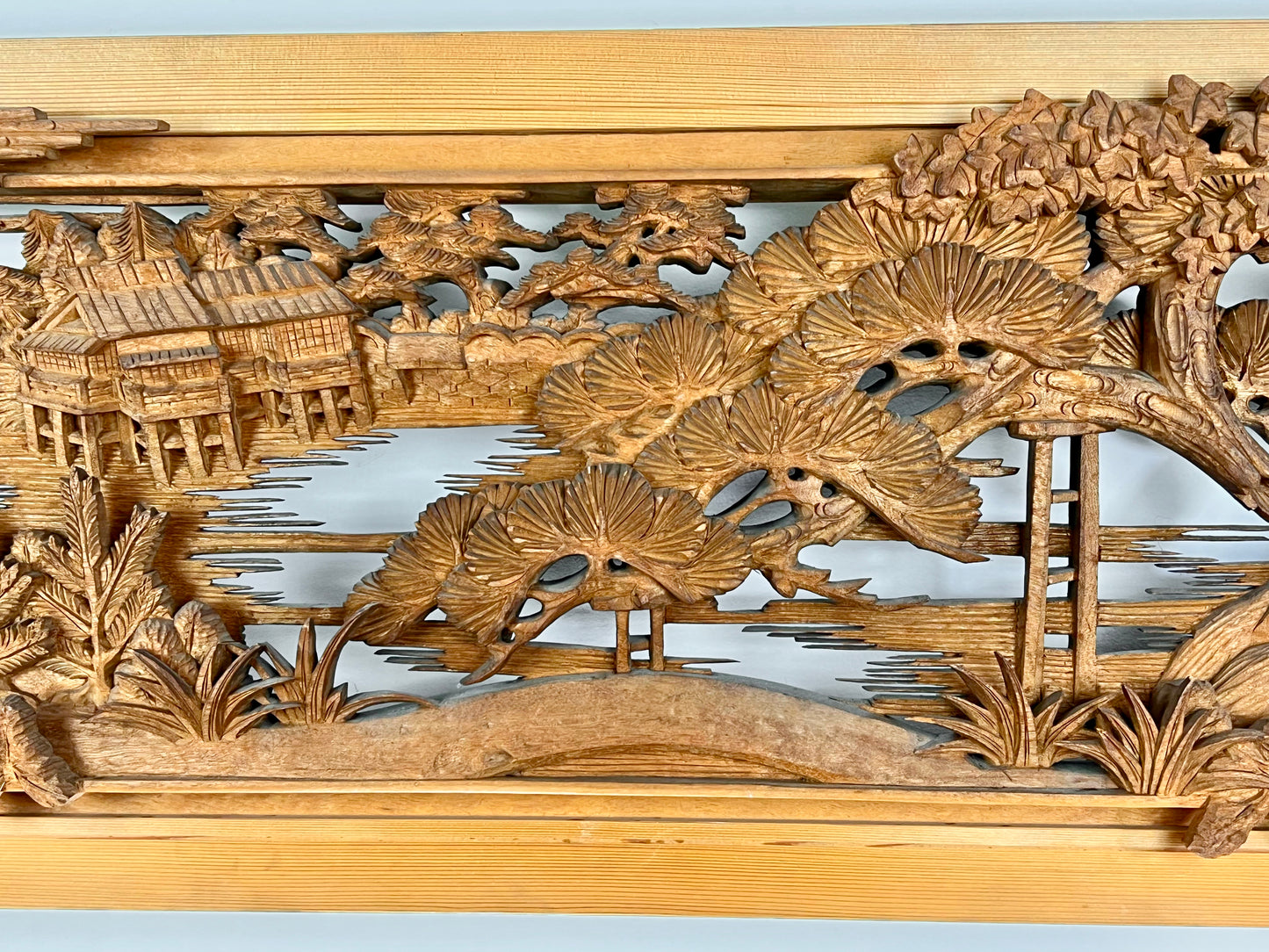 Rare Japanese Ranma Pair Deeply Carved Transom Screen Sugi Wood 68"