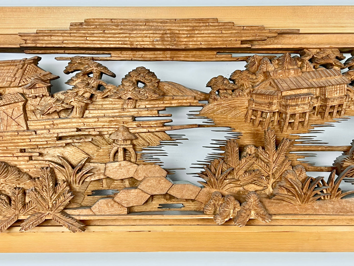 Rare Japanese Ranma Pair Deeply Carved Transom Screen Sugi Wood 68"