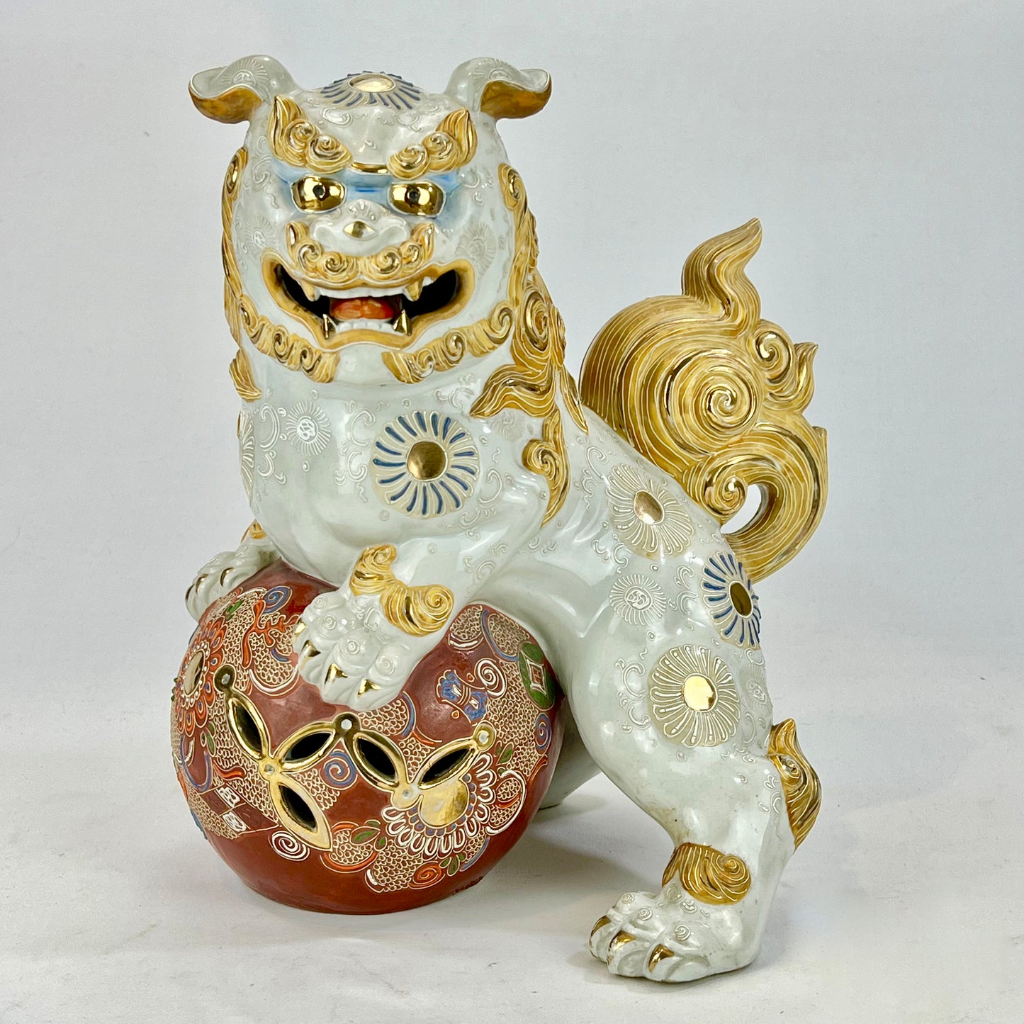 Vintage Japanese Kutani Ceramic ShiShi Temple Lion Foo Dog Statue 13”