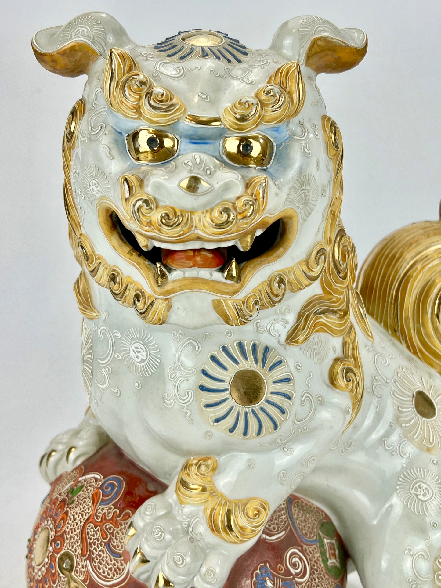 Vintage Japanese Kutani Ceramic ShiShi Temple Lion Foo Dog Statue 13”