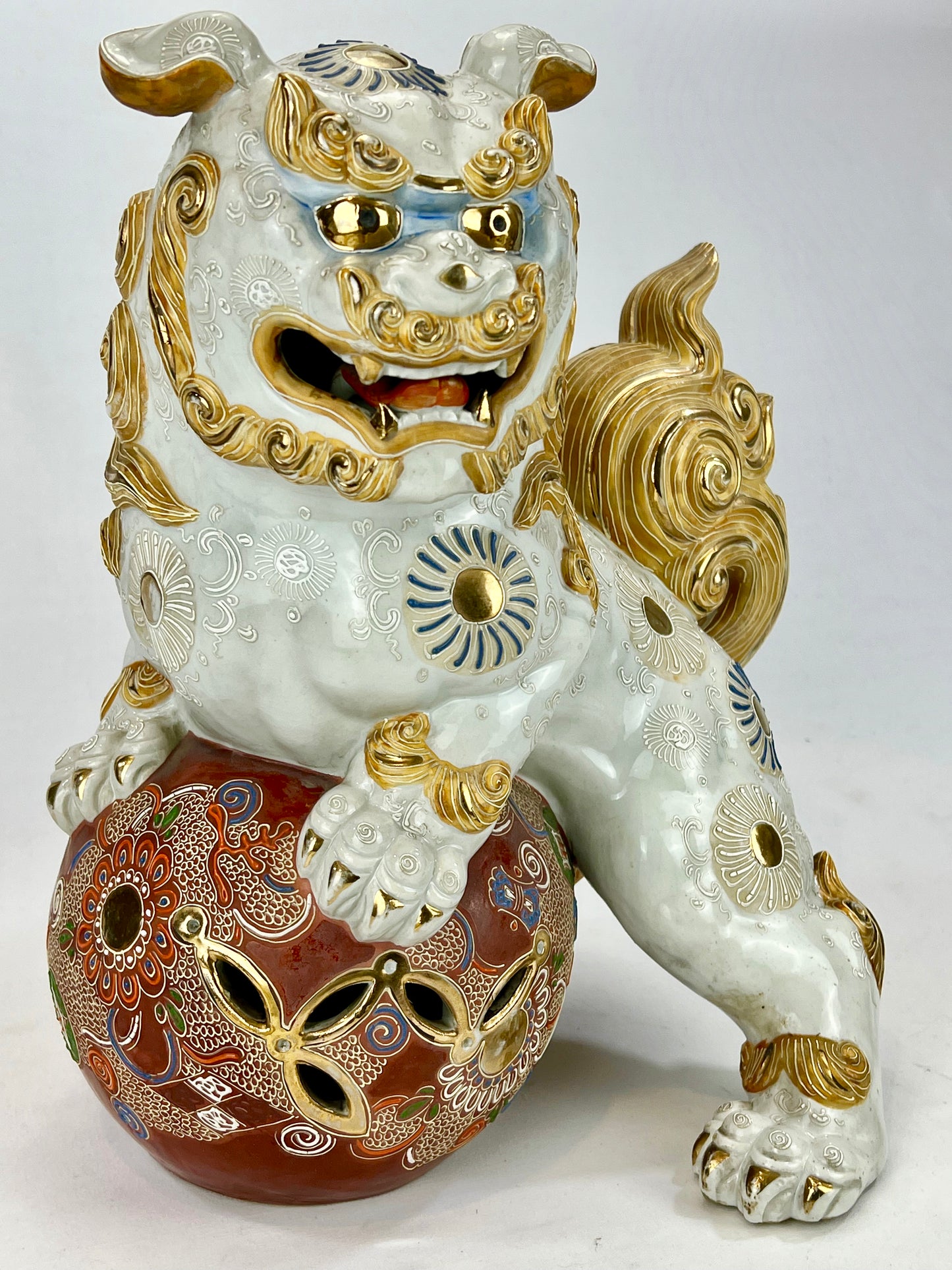 Vintage Japanese Kutani Ceramic ShiShi Temple Lion Foo Dog Statue 13”