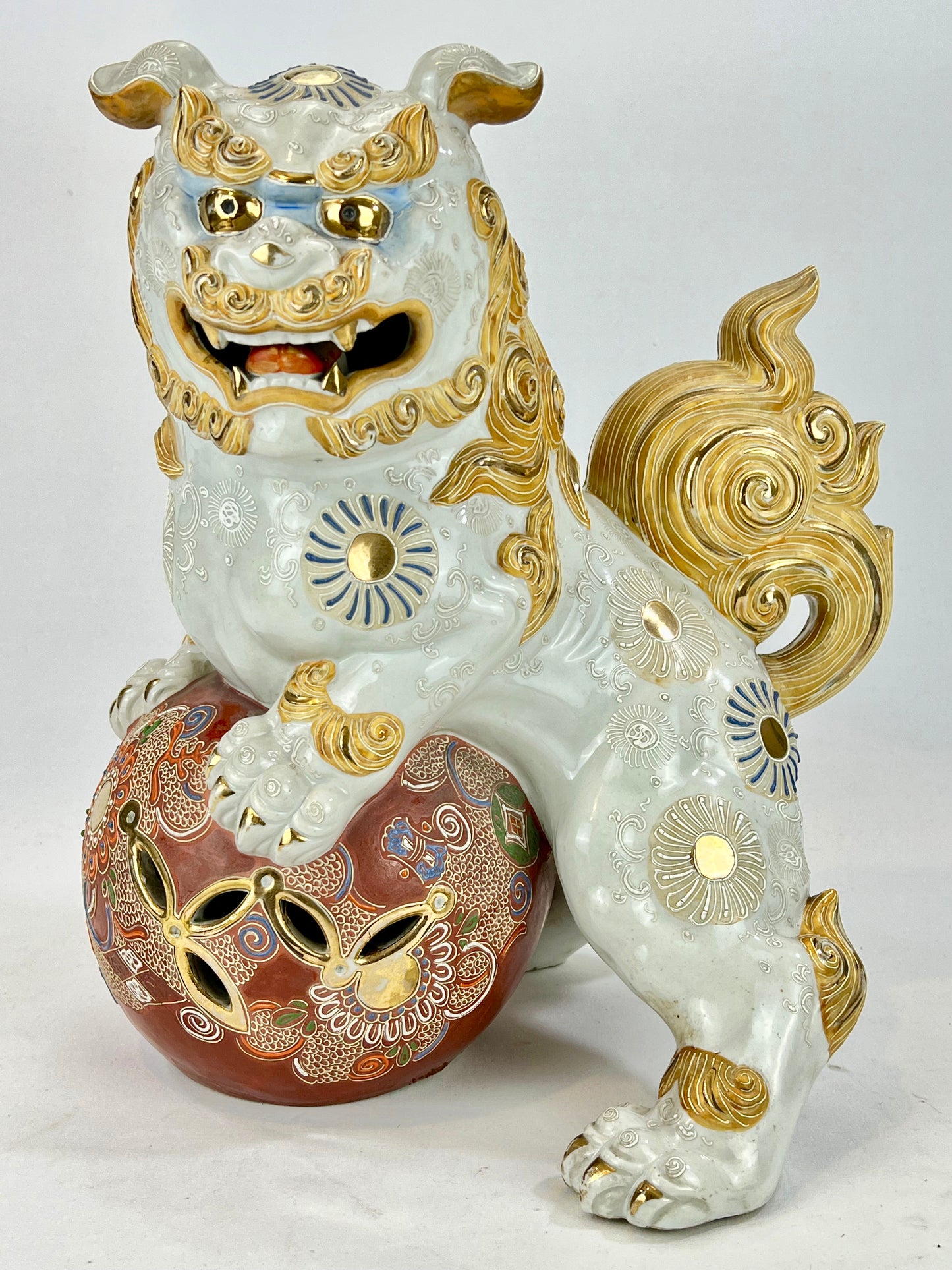 Vintage Japanese Kutani Ceramic ShiShi Temple Lion Foo Dog Statue 13”