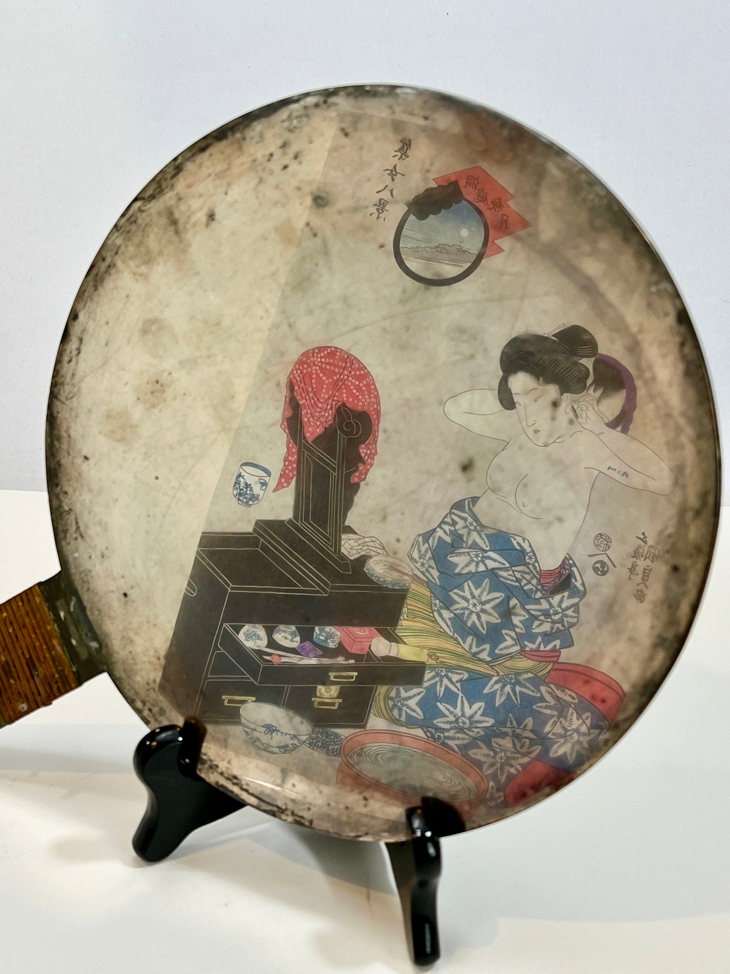 Antique Japanese Bronze Geisha Hand Mirror Kagami Crane & Turtle 11"