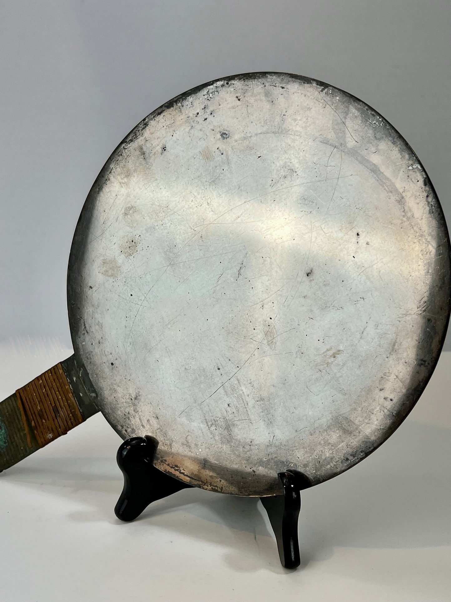 Antique Japanese Bronze Geisha Hand Mirror Kagami Crane & Turtle 11"