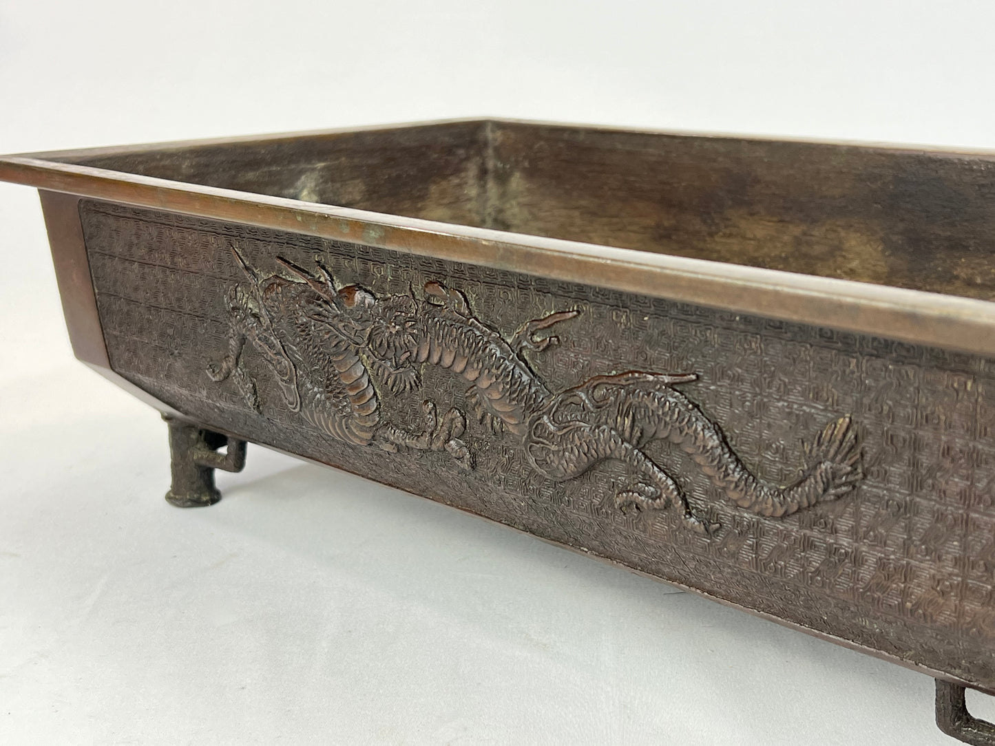 Antique Japanese Bronze Ikebana Vase Dragon & Phoenix Motif 19"