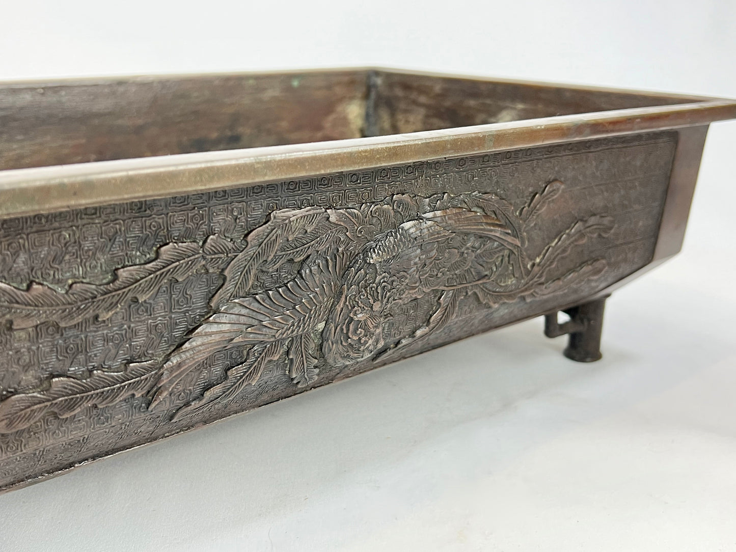 Antique Japanese Bronze Ikebana Vase Dragon & Phoenix Motif 19"