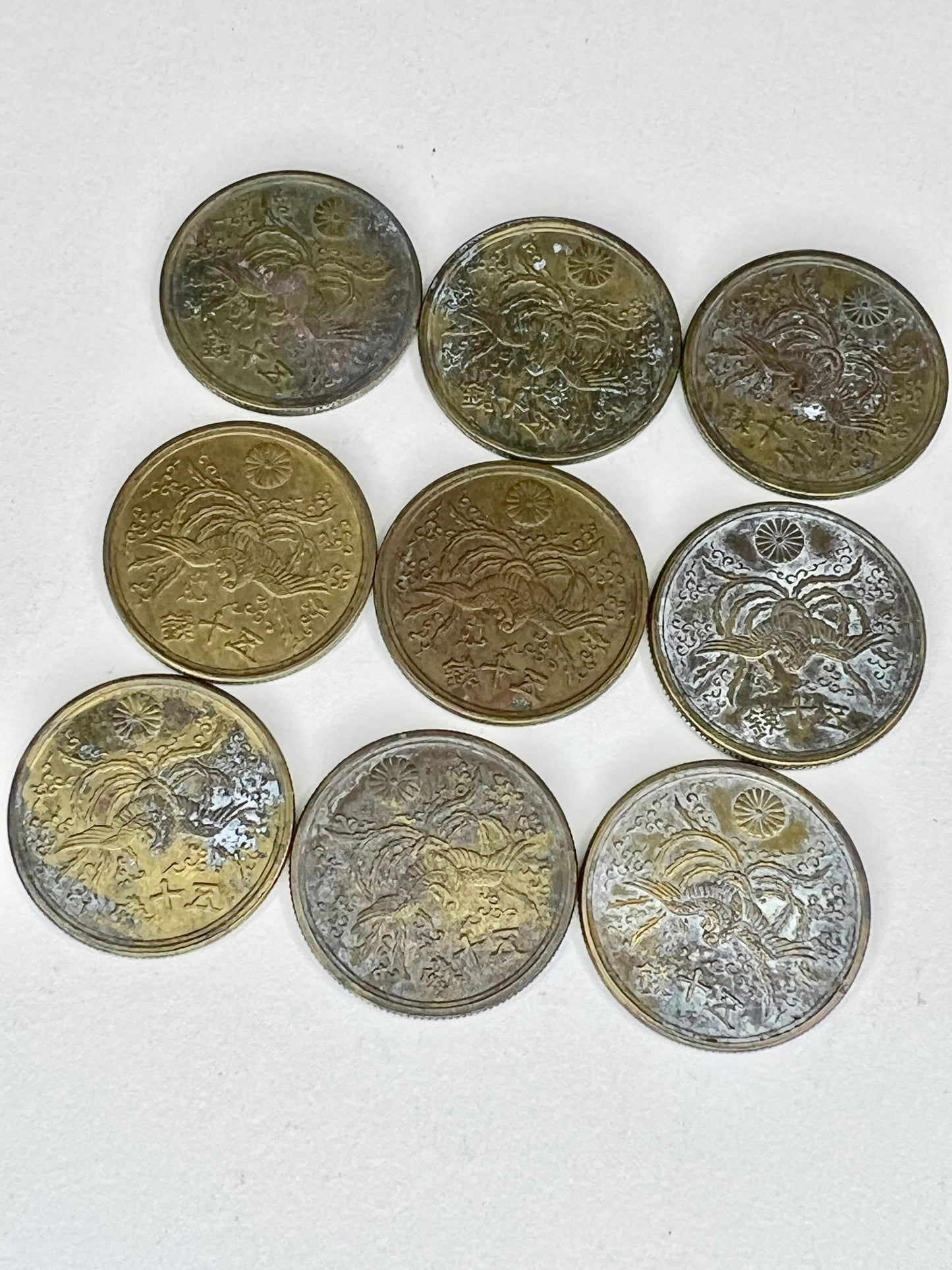 Set of 9 Vintage Japanese 50 Sen 錢十五 Coin Flying Phoenix 1946 Showa 21