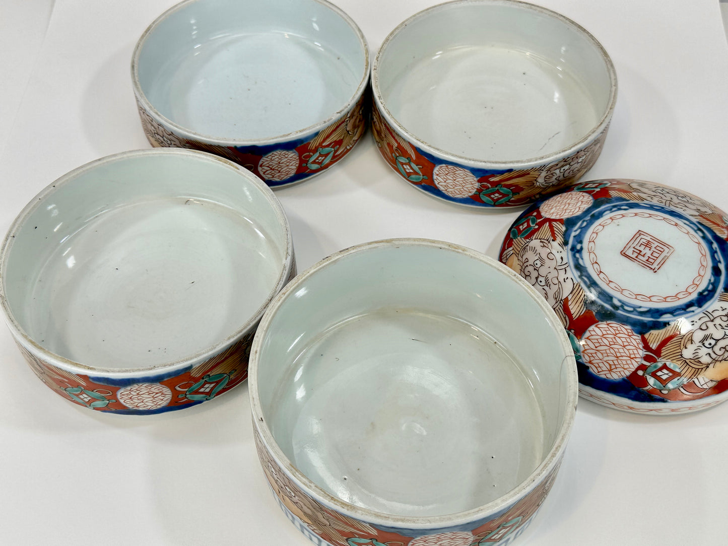Antique Japanese Meiji Era 4 Tiered Round Imari Kasane Jubako ShiShi Foo Dogs 9"