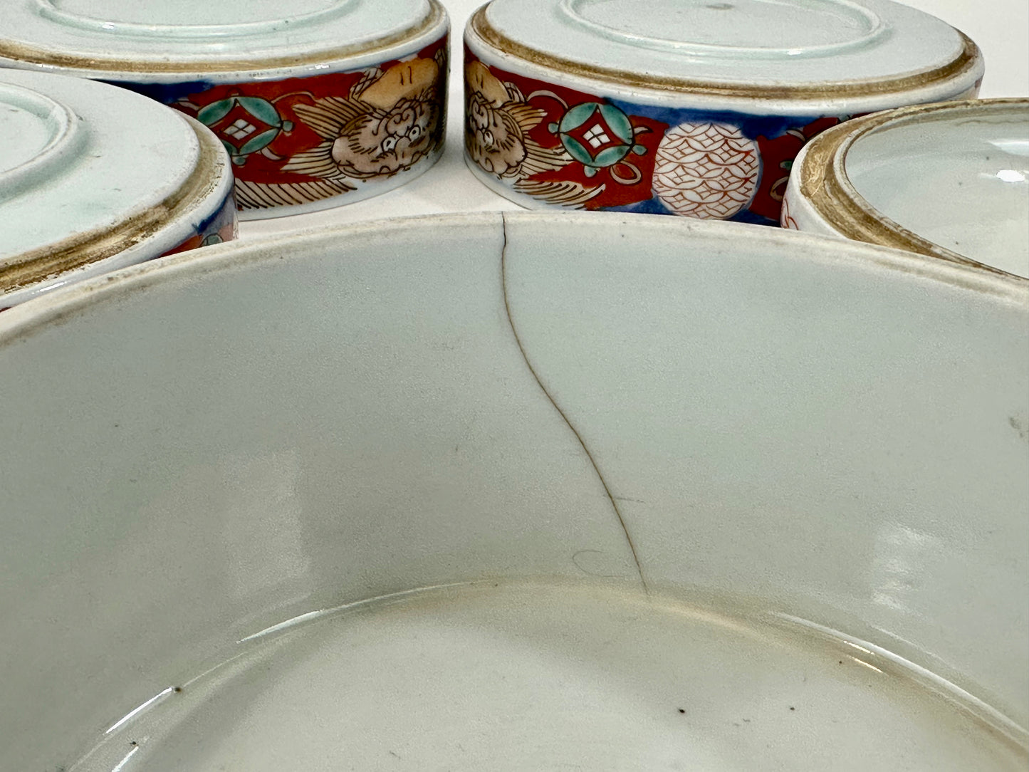 Antique Japanese Meiji Era 4 Tiered Round Imari Kasane Jubako ShiShi Foo Dogs 9"