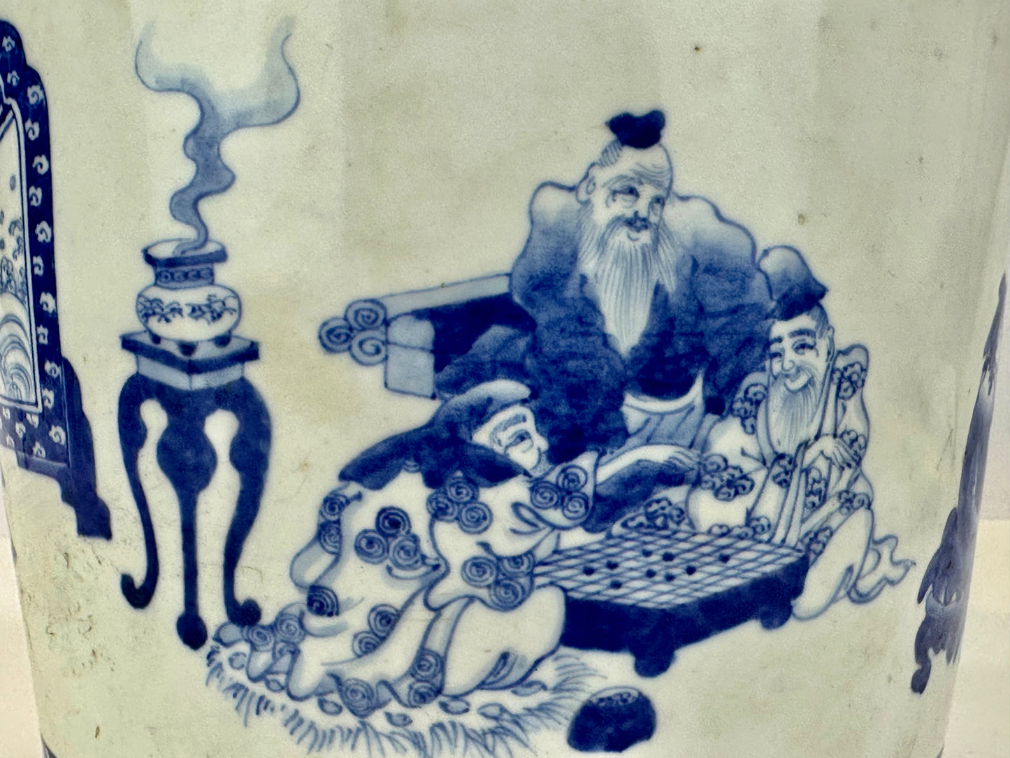 Antique Japanese Meiji Era Ceramic Blue & White Hibachi Brazier Teachers of Art 9”