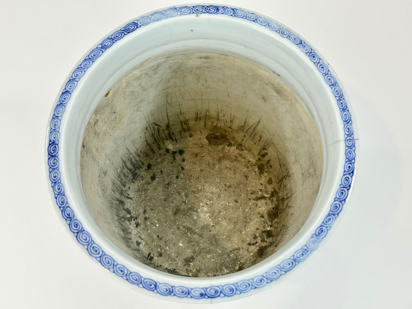 Antique Japanese Meiji Era Ceramic Blue & White Hibachi Brazier Teachers of Art 9”