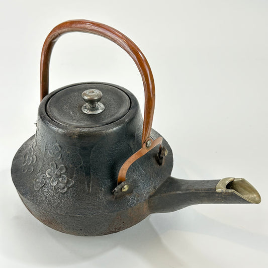 Antique Japanese Choshi Cast Iron Sake Warmer Enamel Inside Ume 9"L
