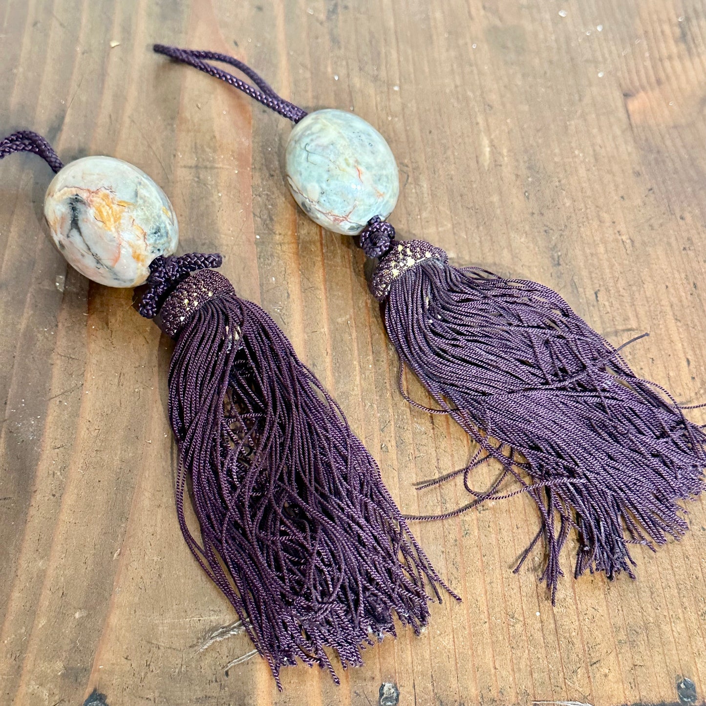 Vintage Japanese Marble Scroll Weight Purple Tassle Kakejiku Fuchin
