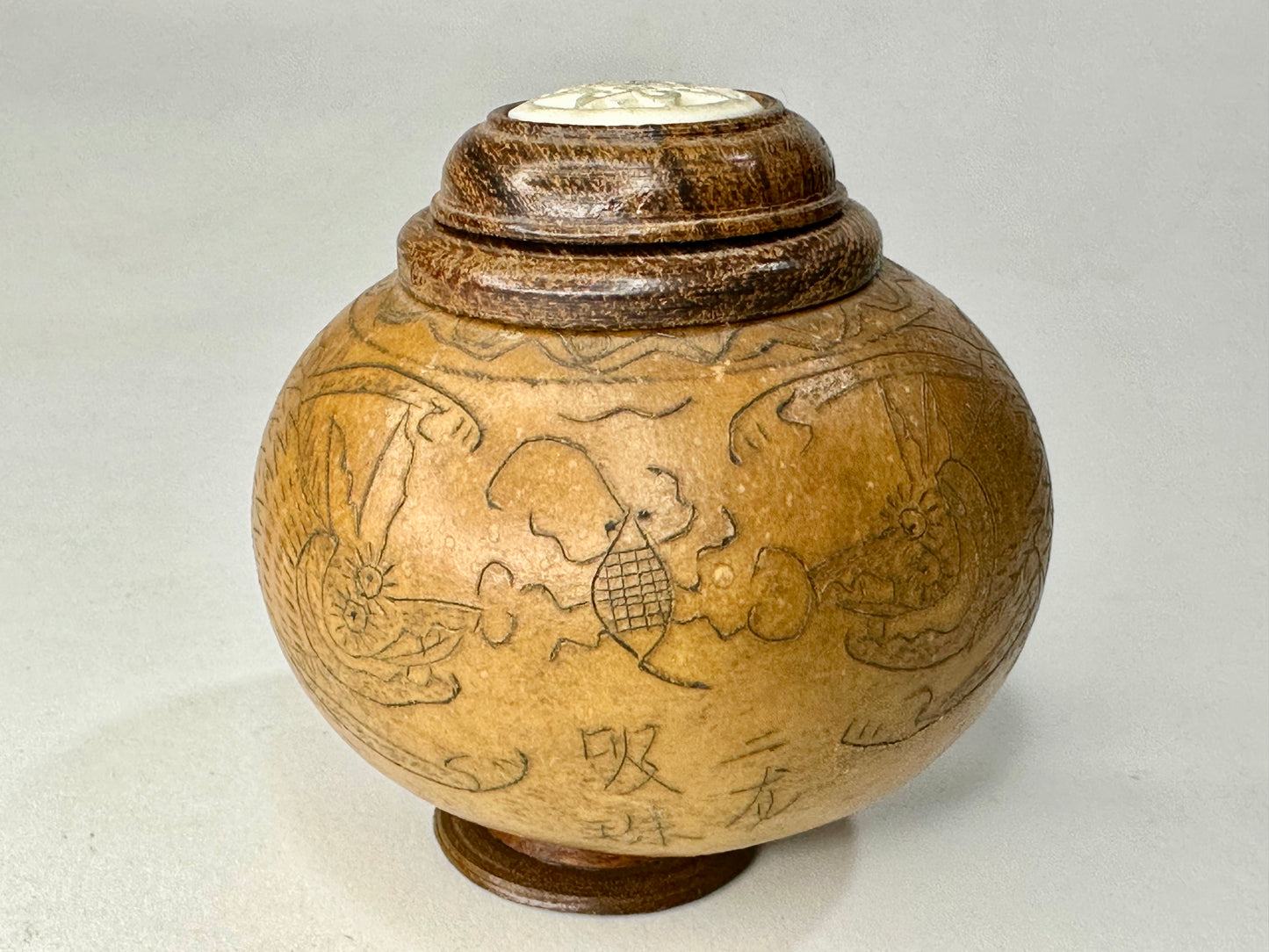Antique Chinese Gourd Cricket Winter Cage Carvings of Dragons 3.25"