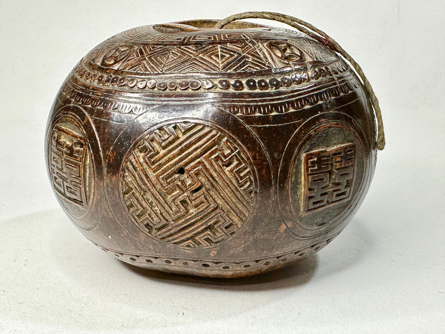 Antique Chinese Gourd Cricket Winter Cage Double Happiness Carvings 3.5"