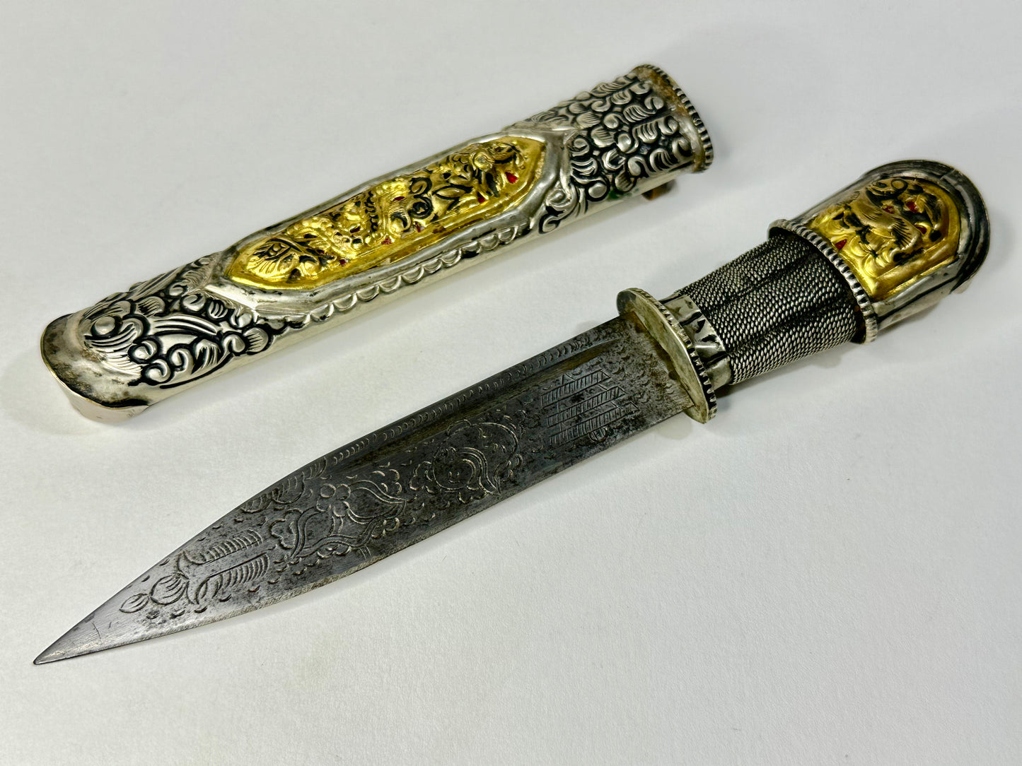Vintage Tibetan Ceremonial Dagger Ritual Knife Iron Blade w/ Sheath 9"