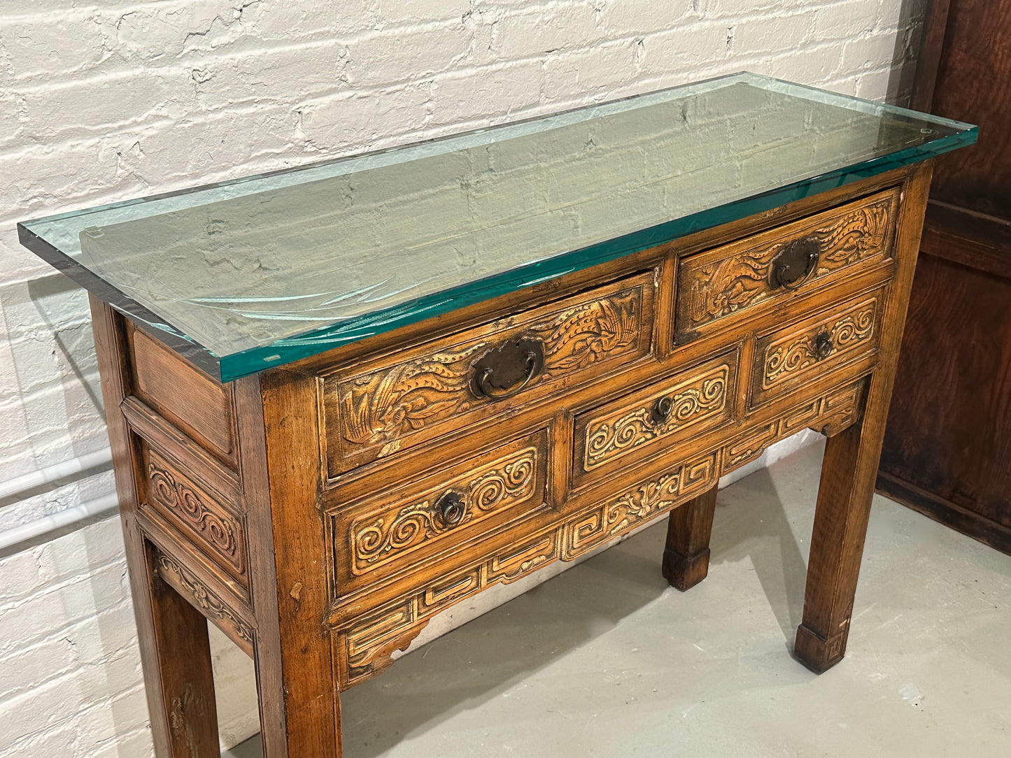 Antique Chinese Qing Dynasty Console Alter Table Carved 3/4" Etched Crystal Top