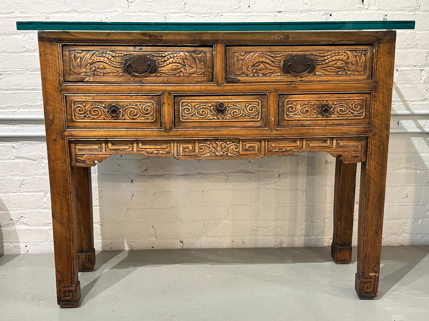 Antique Chinese Qing Dynasty Console Alter Table Carved 3/4" Etched Crystal Top