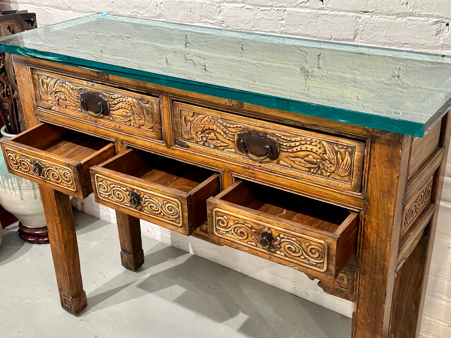 Antique Chinese Qing Dynasty Console Alter Table Carved 3/4" Etched Crystal Top