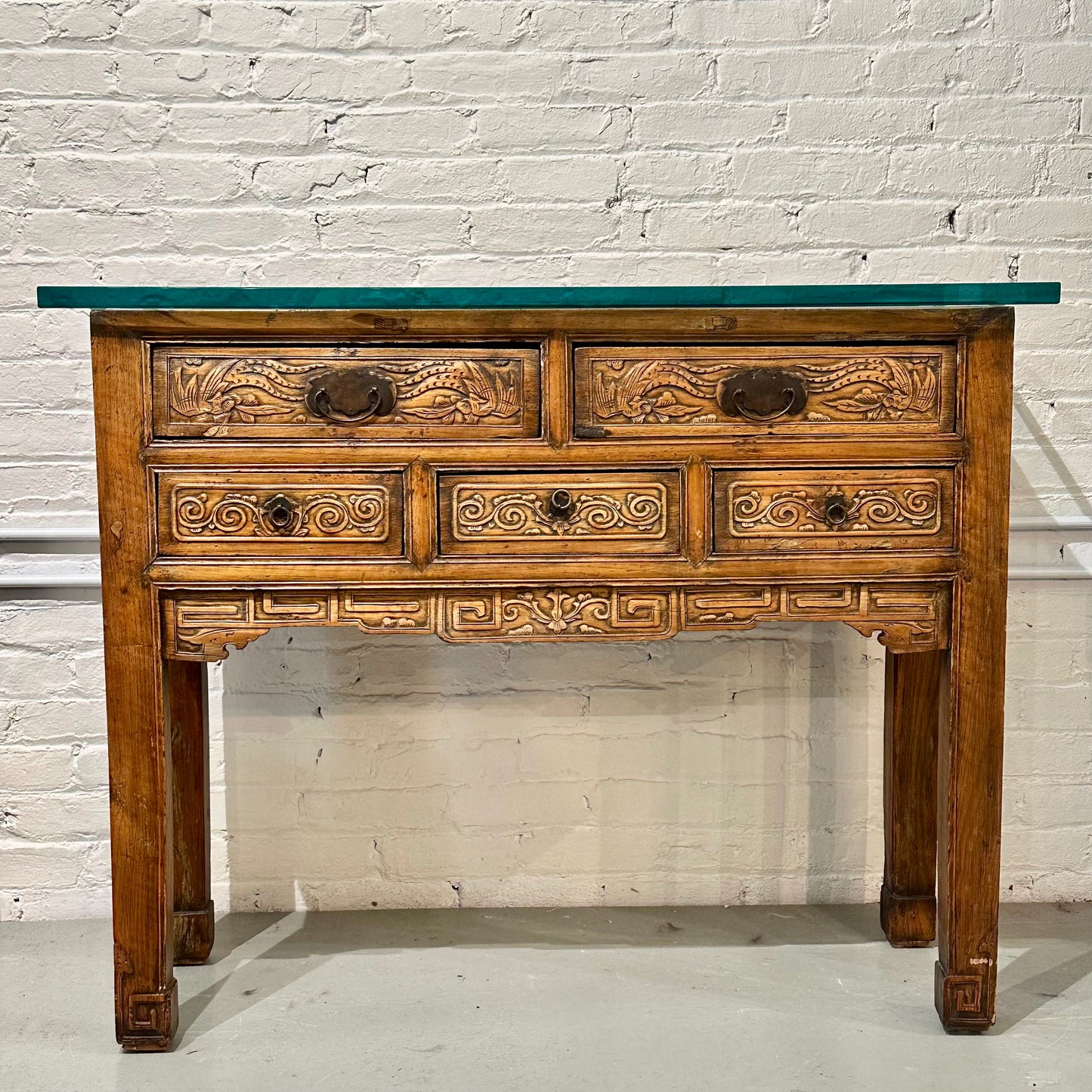 Antique Chinese Qing Dynasty Console Alter Table Carved 3/4" Etched Crystal Top