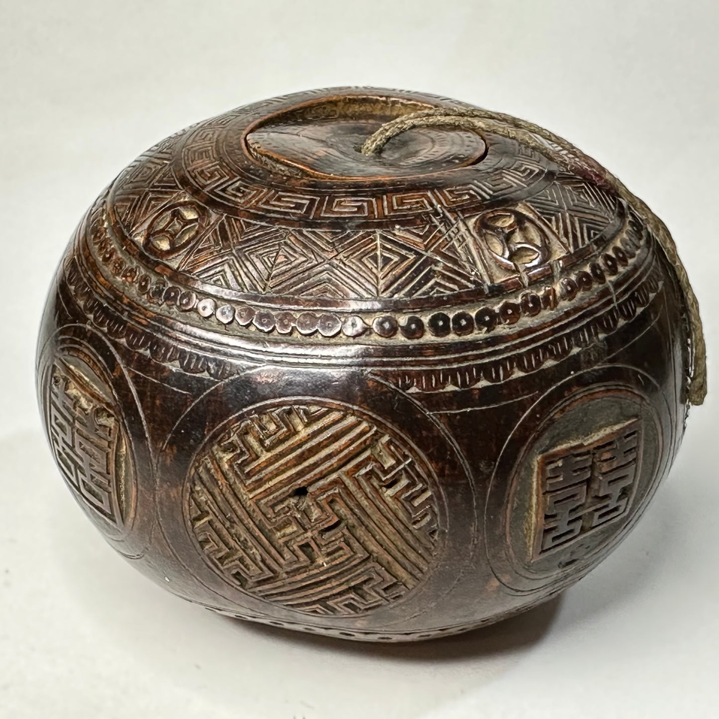 Antique Chinese Gourd Cricket Winter Cage Double Happiness Carvings 3.5"