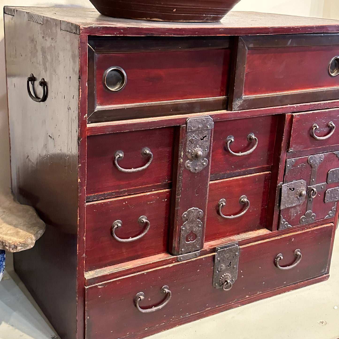 Antique Japanese Edo Era (c1860) Bodansu Personal Tansu Red Lacquer 24"W