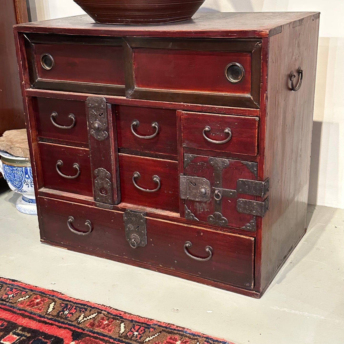 Antique Japanese Edo Era (c1860) Bodansu Personal Tansu Red Lacquer 24"W