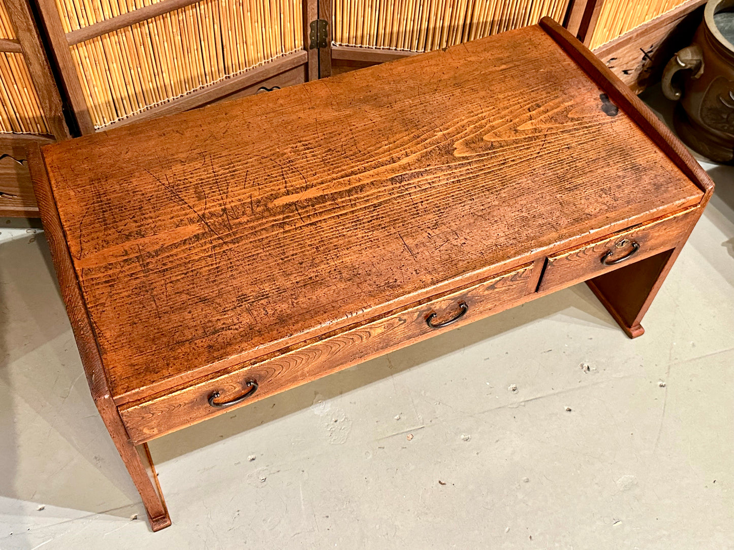 Antique Japanese Meiji Era (c 1900) Two Drawer Tansu Chest/Desk Zelkova Wood 33"