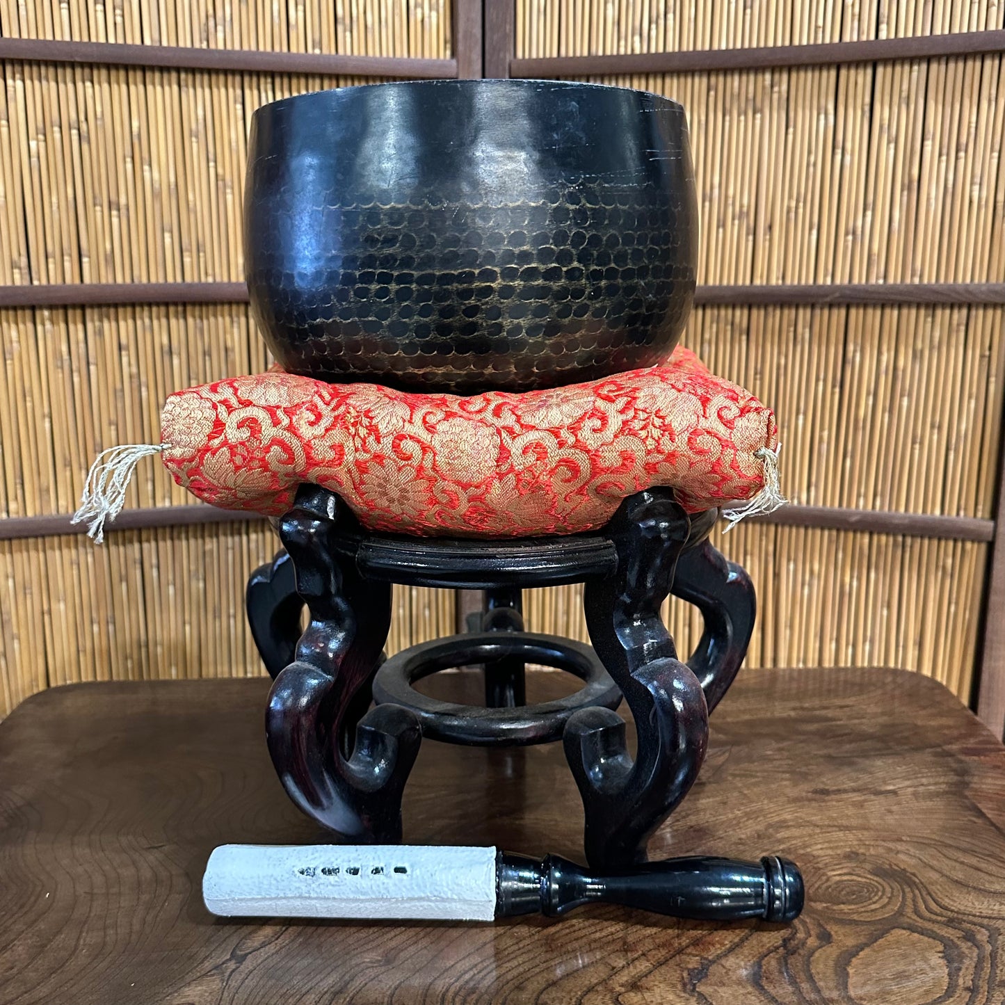 Vintage Japanese Orin Bell Bronze Singing Set w/ Cushion & Stand 9”