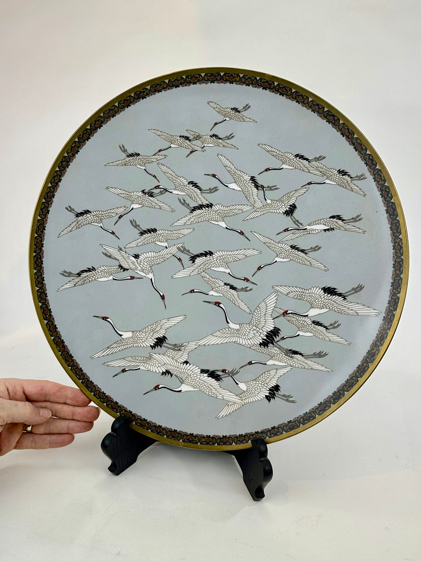 Antique Japanese Cloisonné Charger Meiji Era c1880's Bronze Cranes 14"
