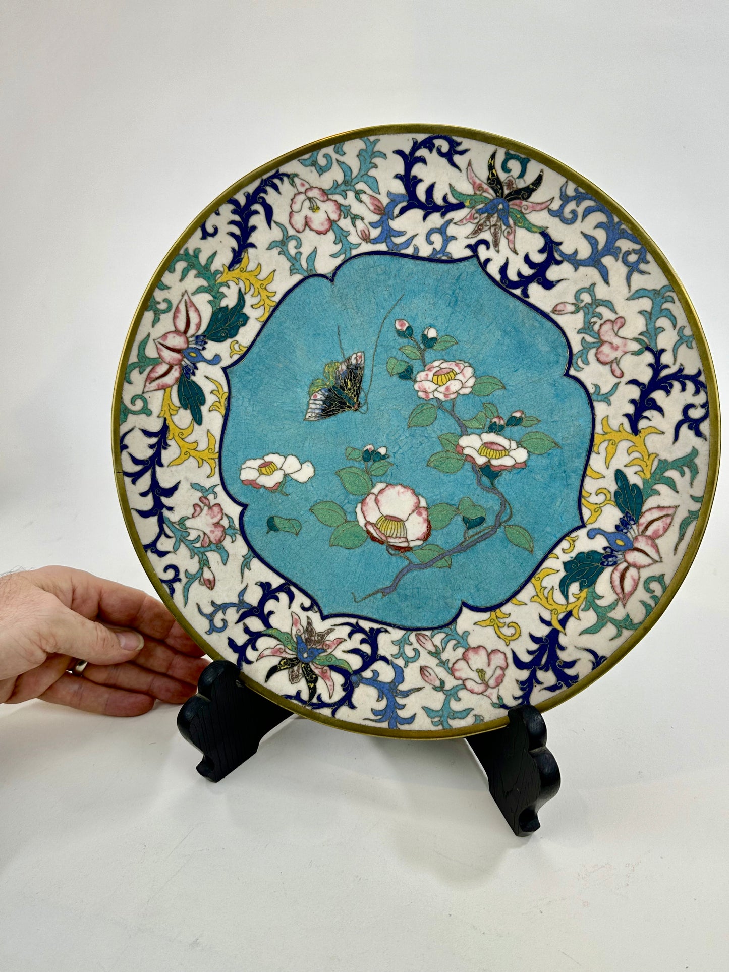 Antique Japanese Cloisonné Charger Meiji Era c1880's Bronze Flowers 10"