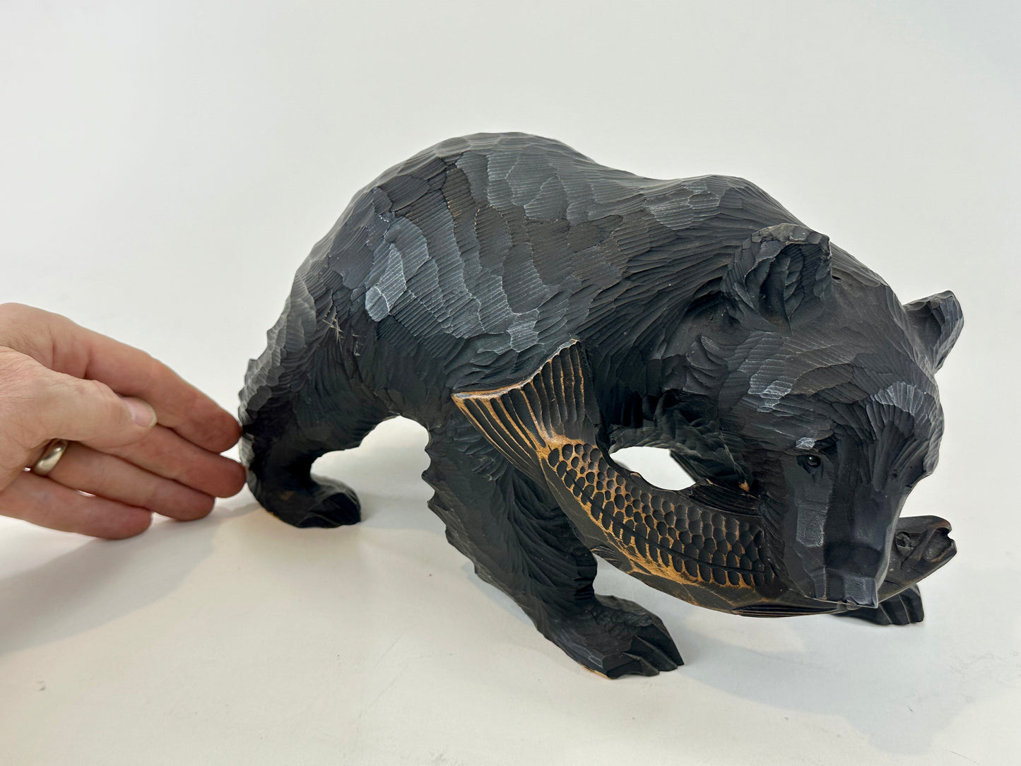 Vintage Japanese Ainu Hand Carved Bear w/ Salmon Cedar Kuma 8"
