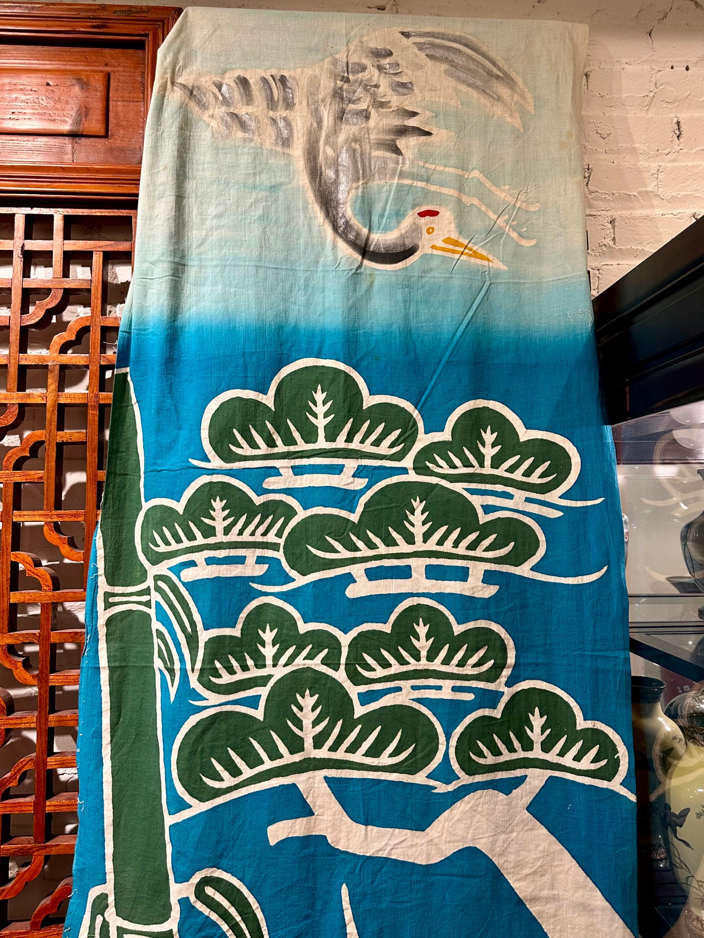 Antique Japanese Festival Banner w/ Koi Turtle Crane Shochikubai 12'