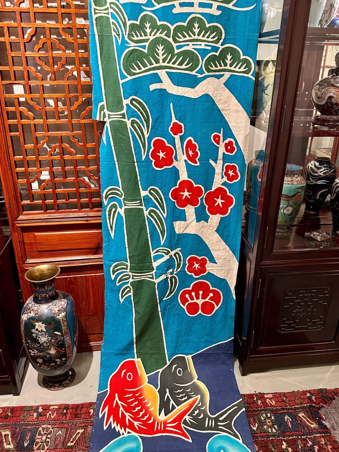 Antique Japanese Festival Banner w/ Koi Turtle Crane Shochikubai 12'