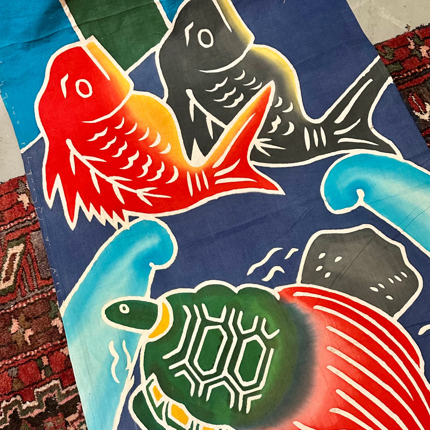 Antique Japanese Festival Banner w/ Koi Turtle Crane Shochikubai 12'