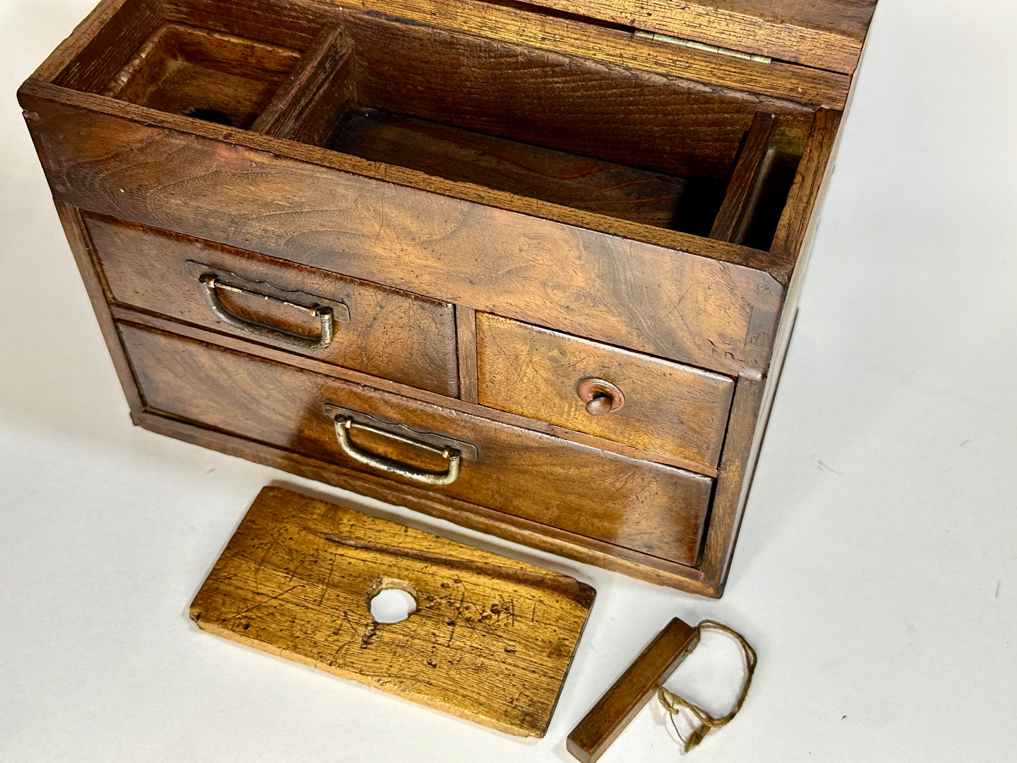 Antique Japanese Meiji Era c1920 Keyaki Wood Haribako Sewing Tansu 9"