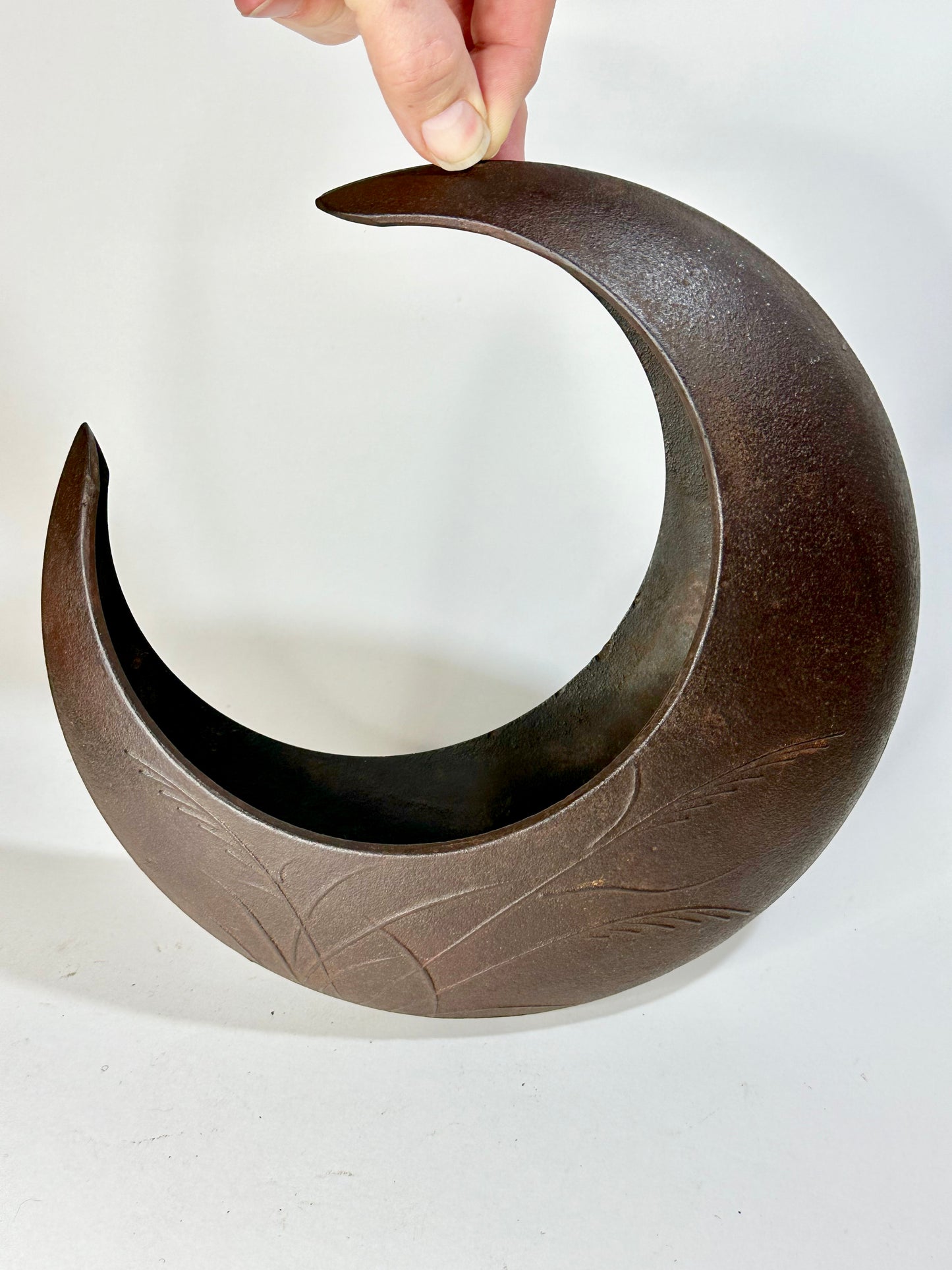 Vintage Japanese Iron Ikebana Vase Mikazuki 三日月花瓶 Crescent Moon 10"