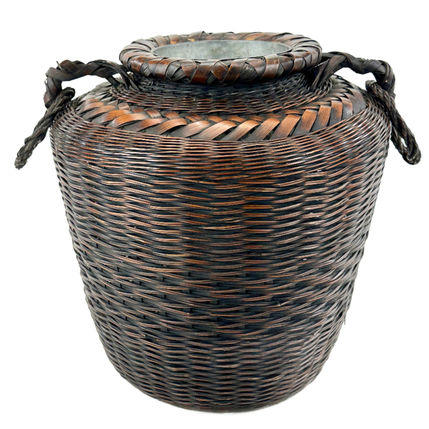 Antique Japanese Ikebana Basket w/ Metal Water Container 11"