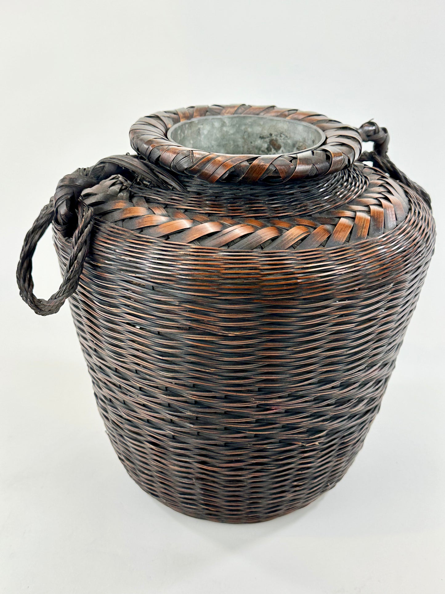 Antique Japanese Ikebana Basket w/ Metal Water Container 11"