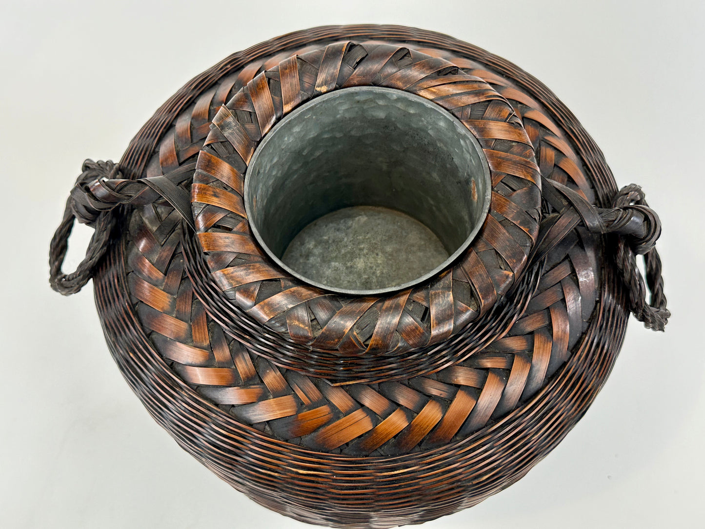 Antique Japanese Ikebana Basket w/ Metal Water Container 11"