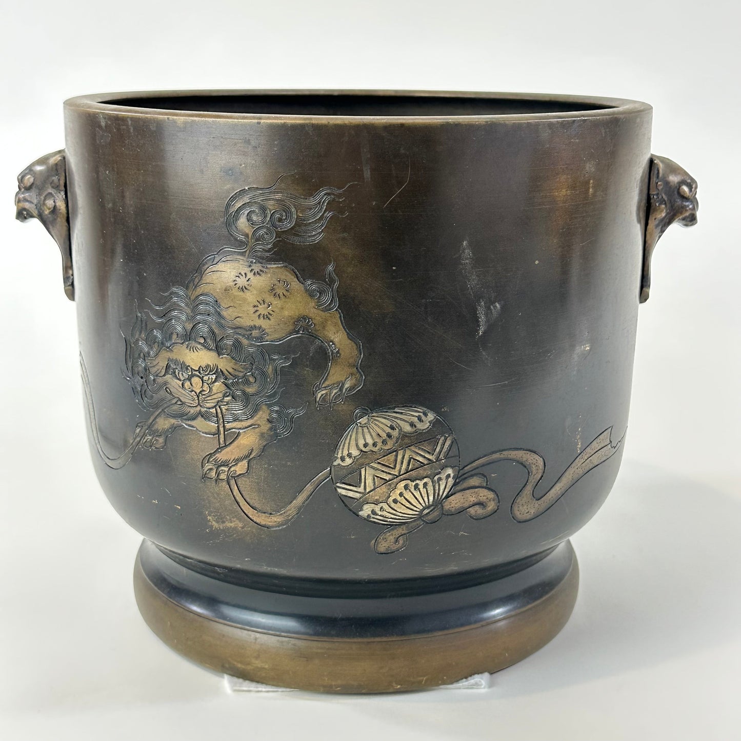 Antique Japanese Meiji Era Bronze Hibachi Brazier Shi-Shi Fu Dogs 10"