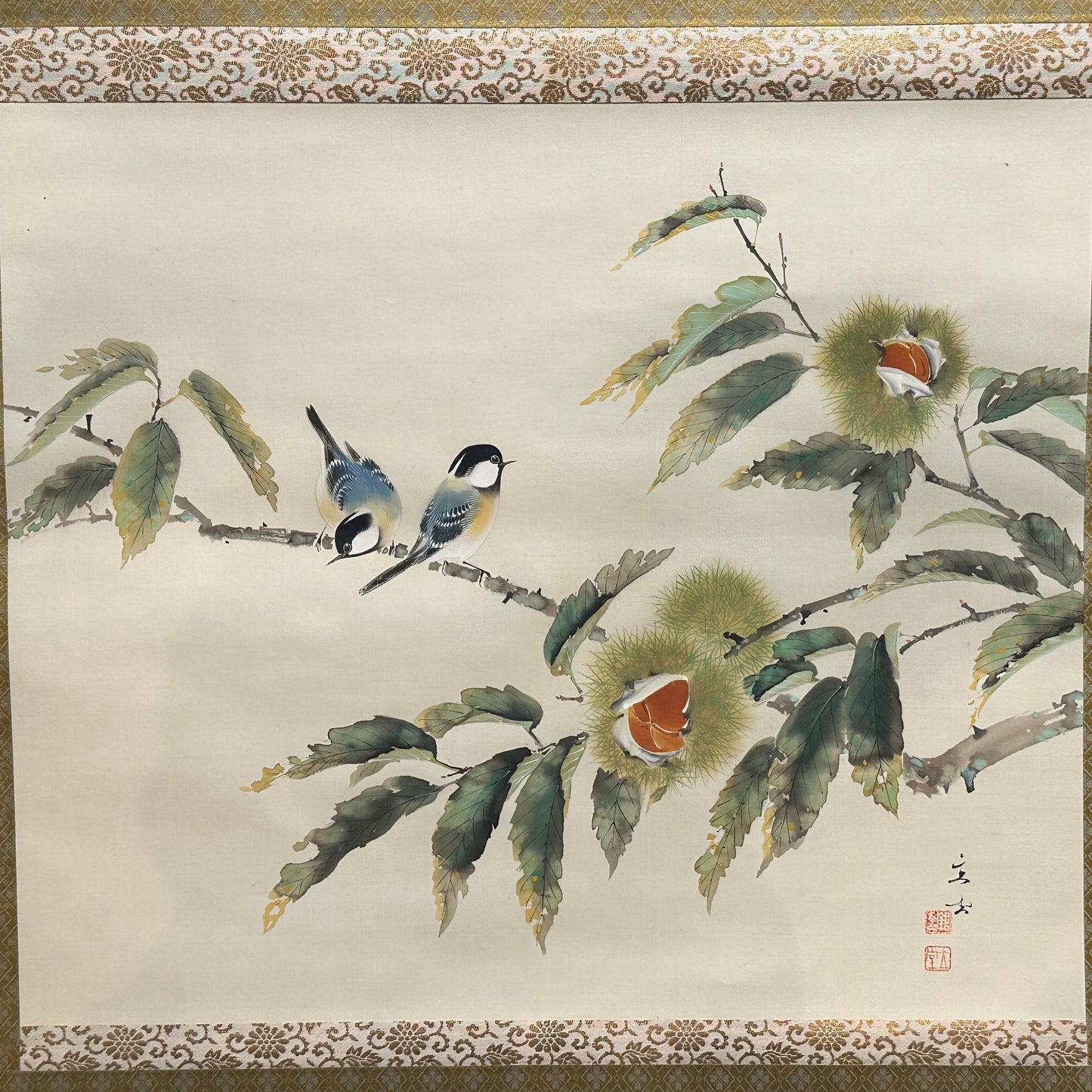 Vintage Japanese Scroll Hand Painted Mid 1900’s Chickadees