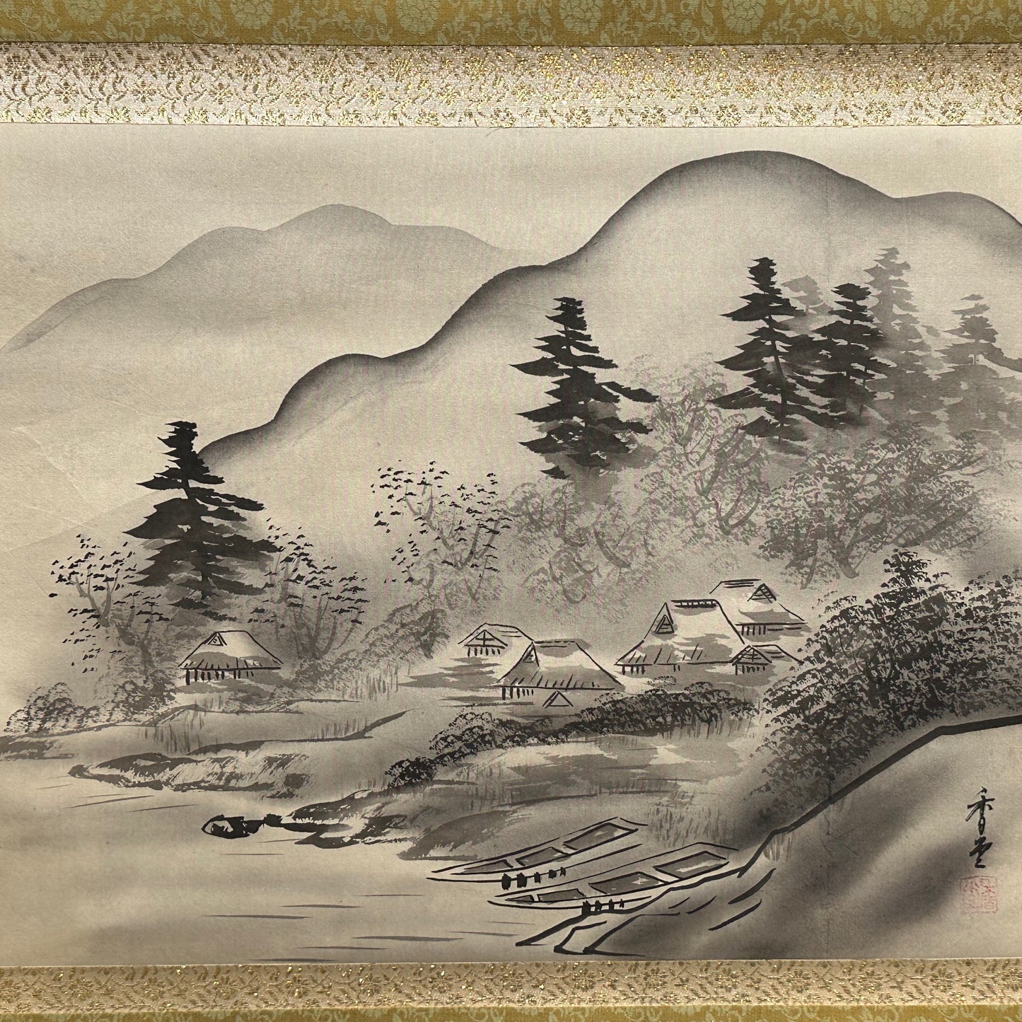 Vintage Japanese Scroll Hand Painted Mid 1900’s Mountain Farmhouse