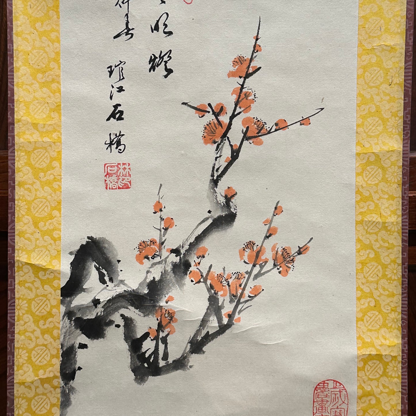 Vintage Japanese Scroll Hand Painted Mid 1900’s Plum Blossoms