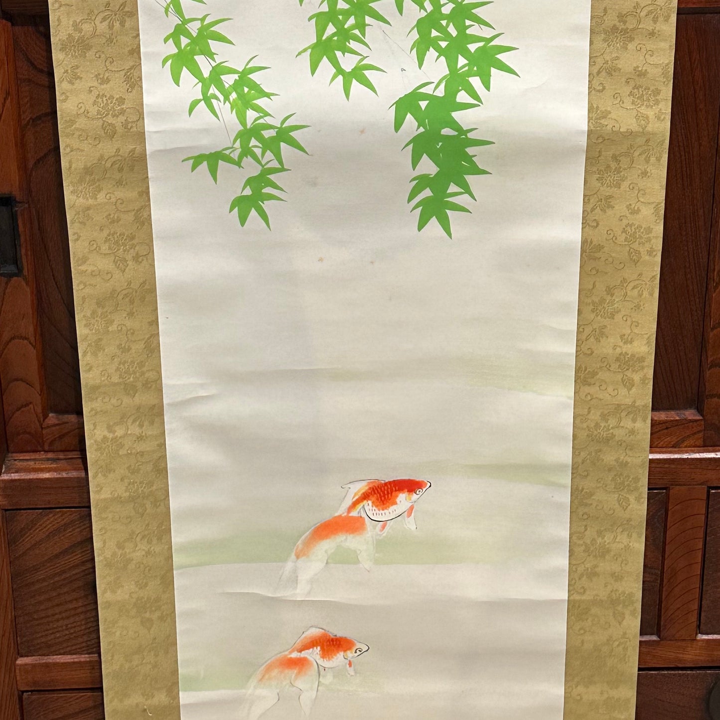 Japanese Scroll Hand Painted Mid 1900’s Bamboo & Goldfish