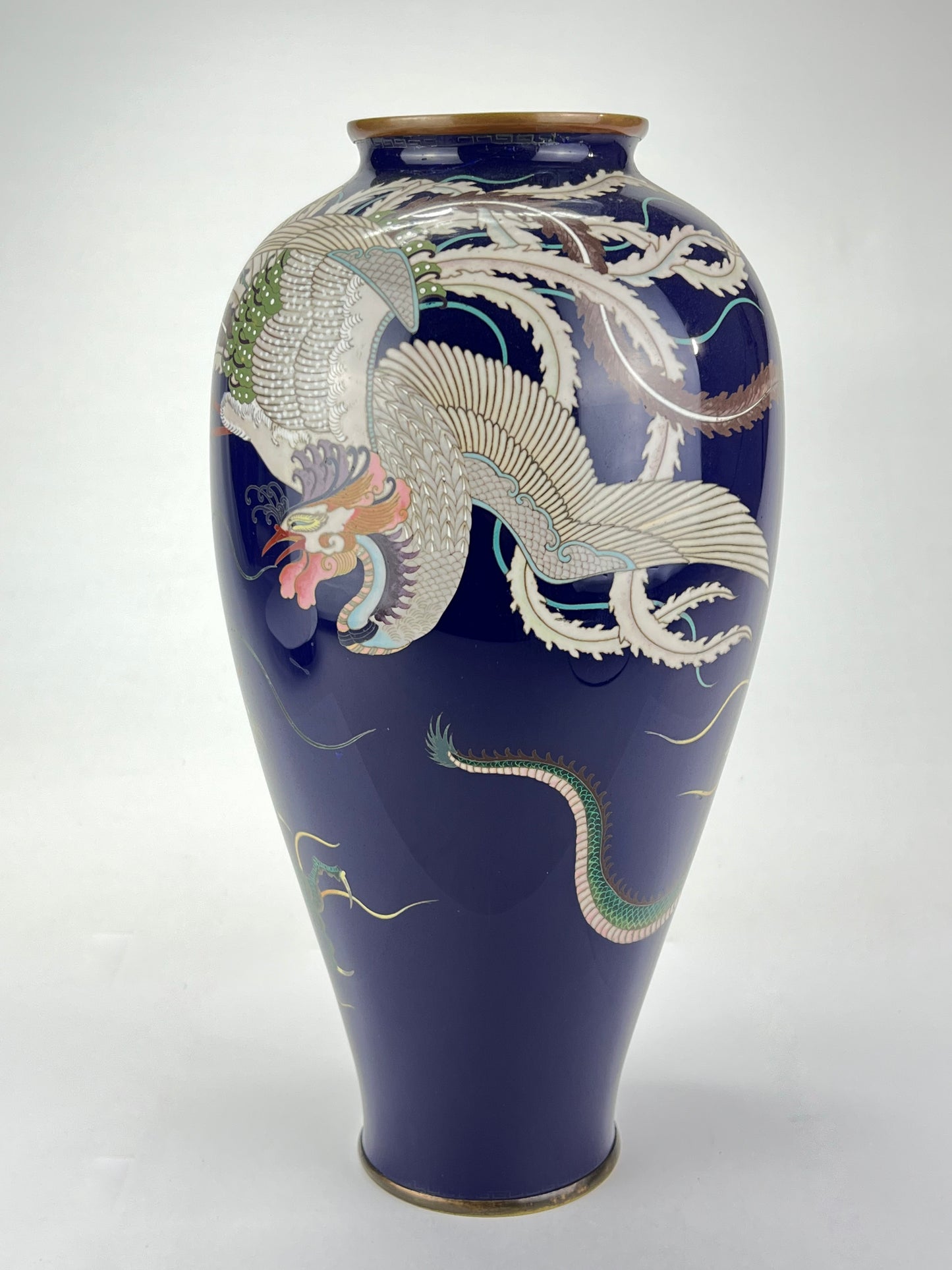 Antique Japanese Meiji Era (late 1800's) Cloisonné Vase Phoenix & Dragon 12”